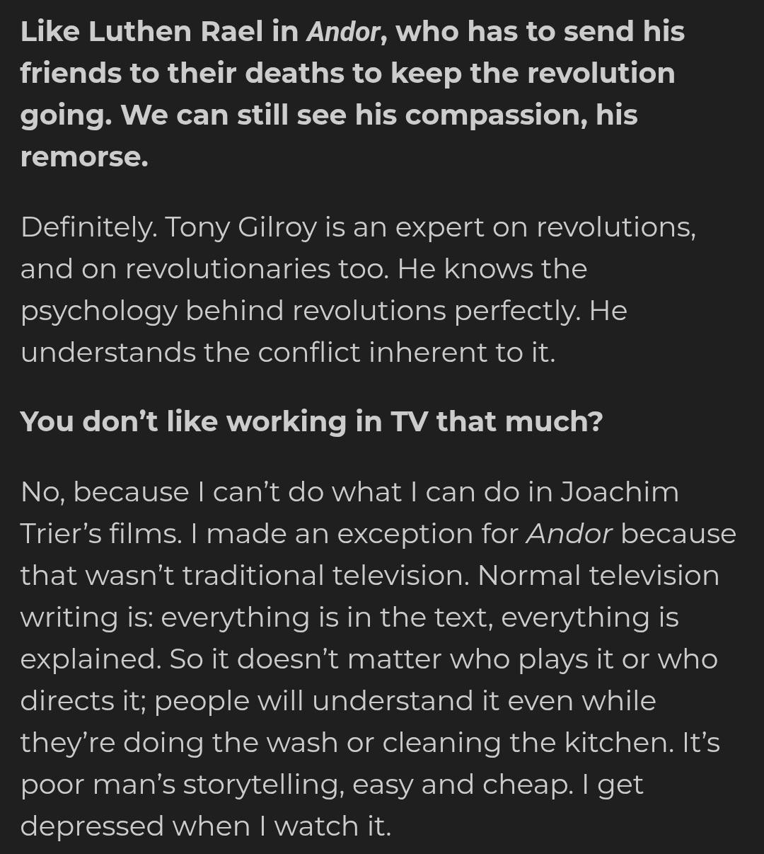 Stellan Skarsgård on why he “made an exception for” Andor (as he prefers film to tv generally)