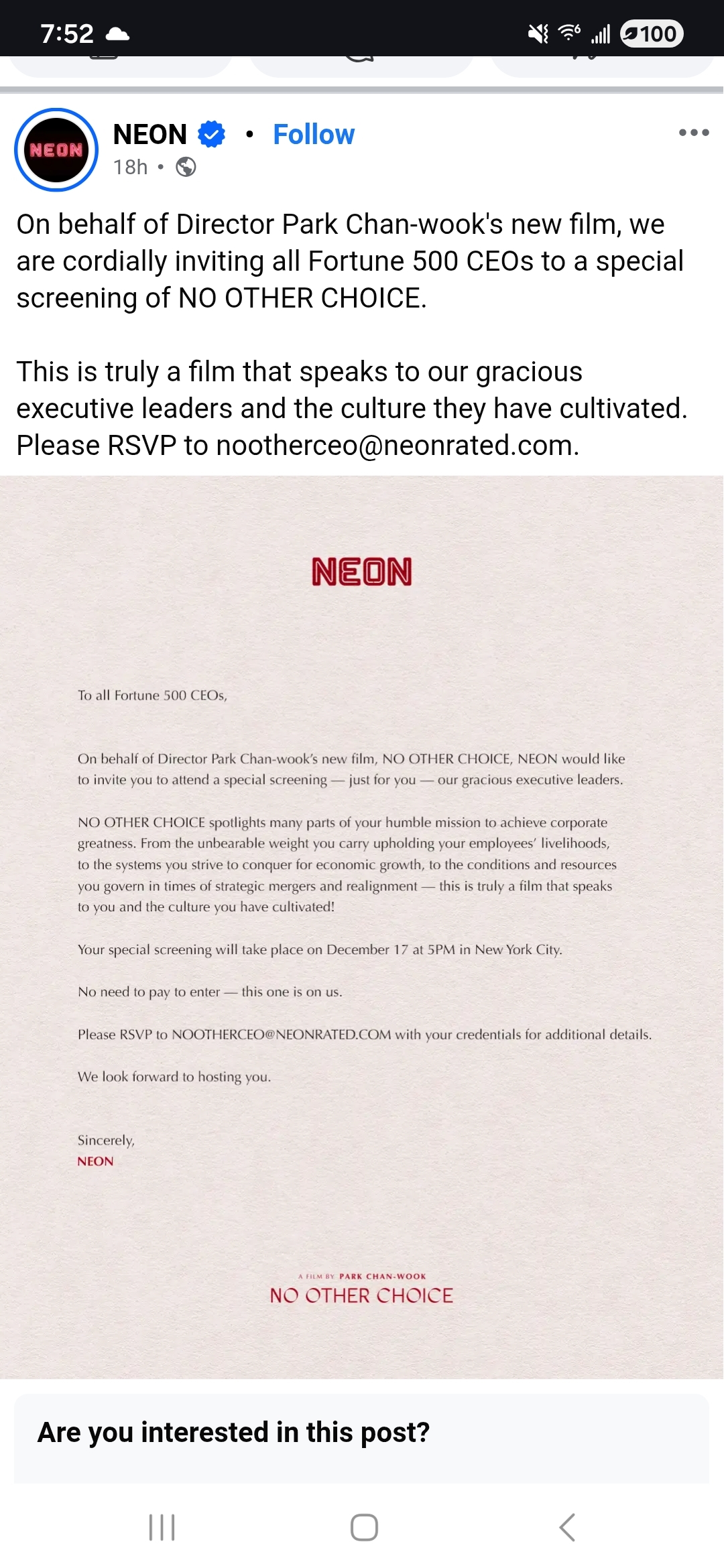 No Other Choice director going for the throat