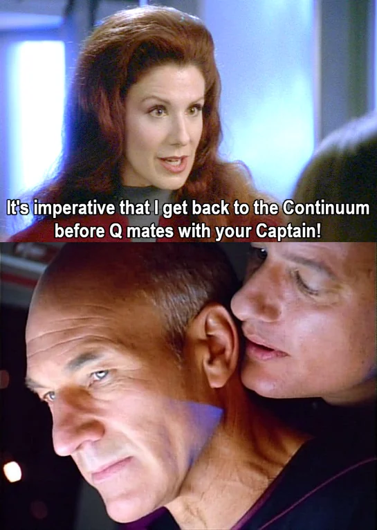 Director: "In this scene Q approaches Janeway and... where is John? Has anyone seen John de Lancie?"
