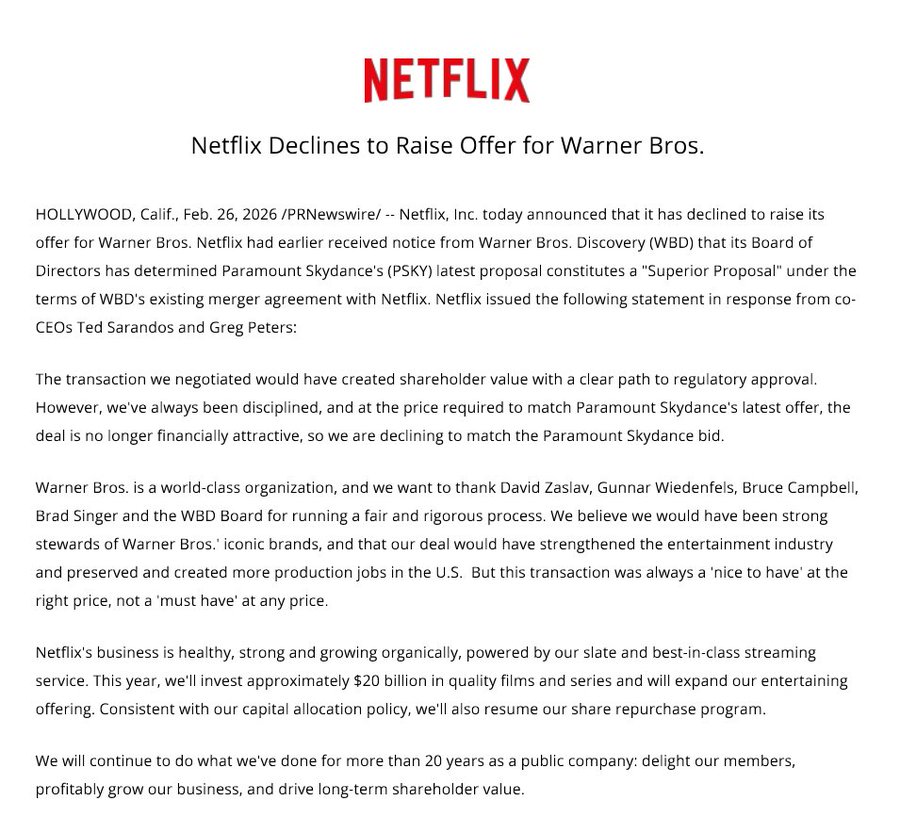 Netflix Declines to Raise Offer for Warner Bros. Paramount likely to buy it