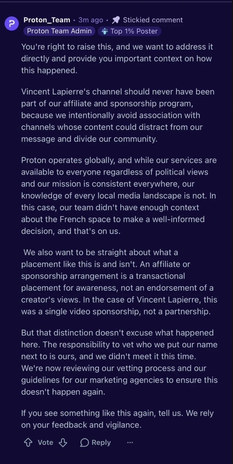 Proton has respond on reddit