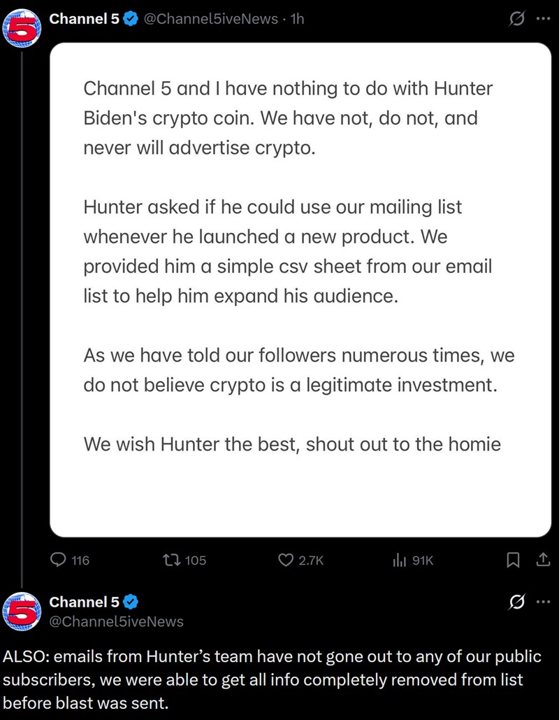 Channel 5 shares their email list with Hunter Biden who used it to pump a crypto scam apparently