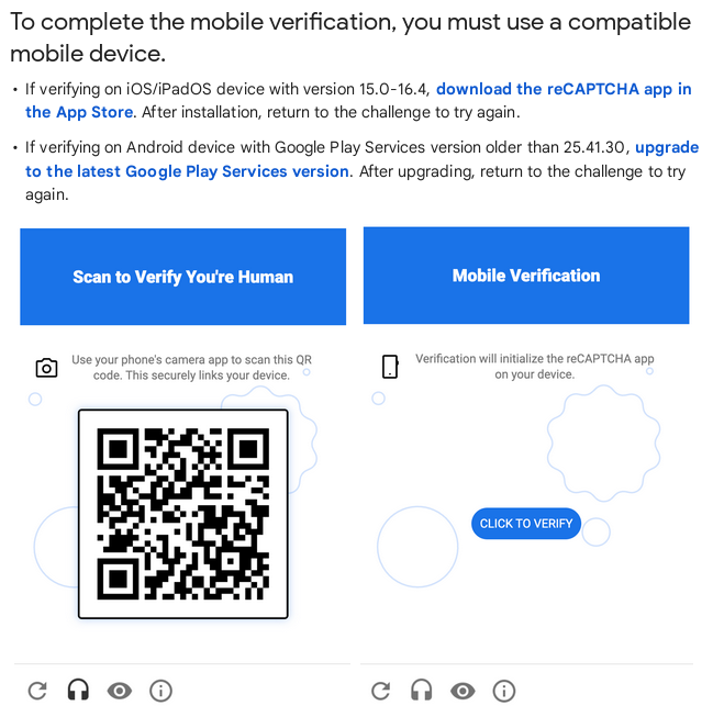 "Scan to Verify You're Human": Google's reCAPTCHA is trialing a new "experimental challenge type" which requires desktop users to use an Android or iOS device to be able to pass it
