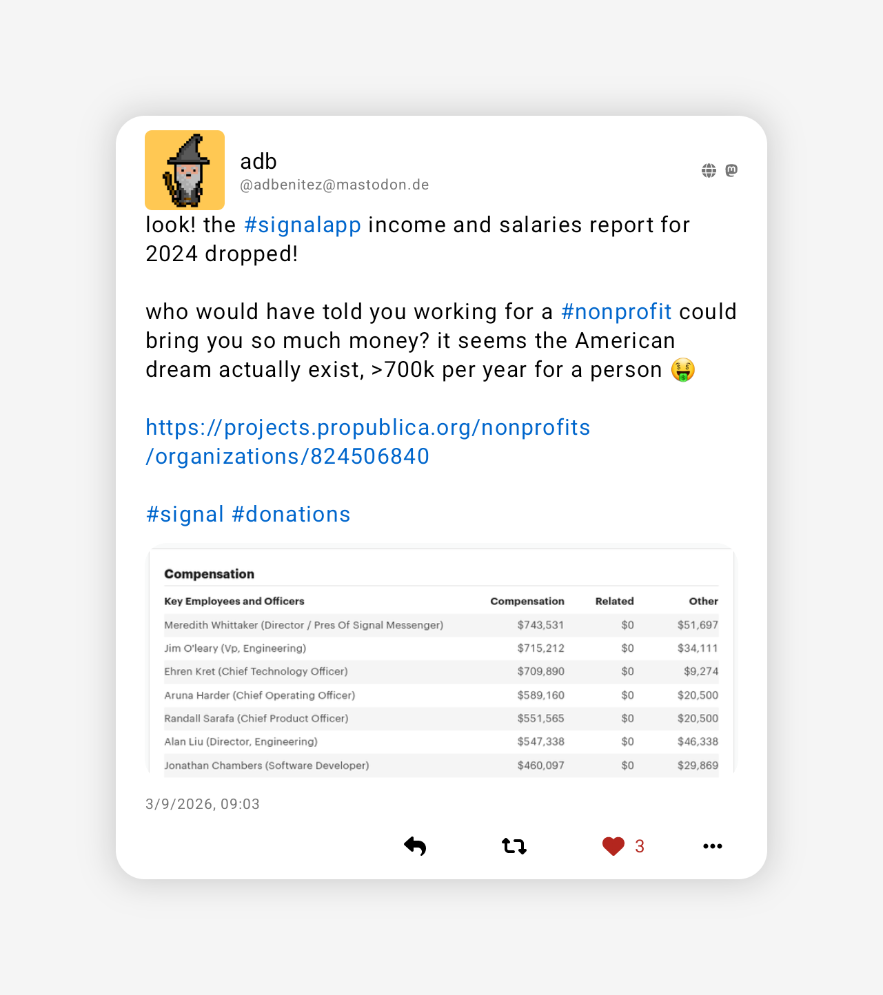 "look! the #signalapp income and salaries report for 2024 dropped!" #startpocketwatching #opentechnologyfund #usgovernmentsponsored