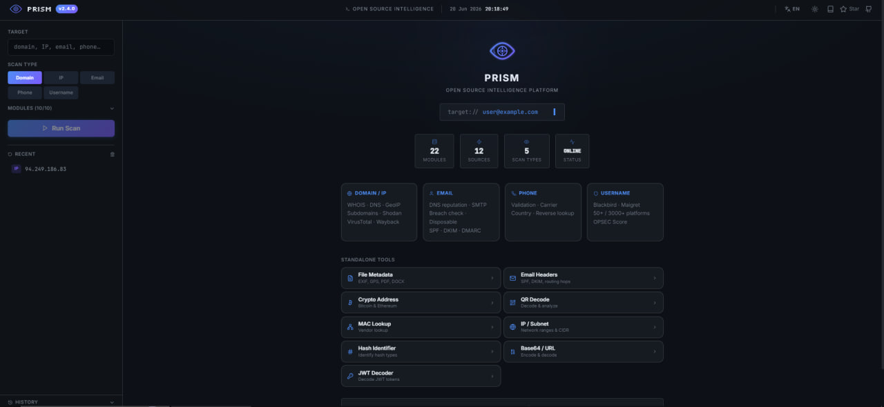 PRISM - a self-hosted OSINT platform with a real-time dashboard