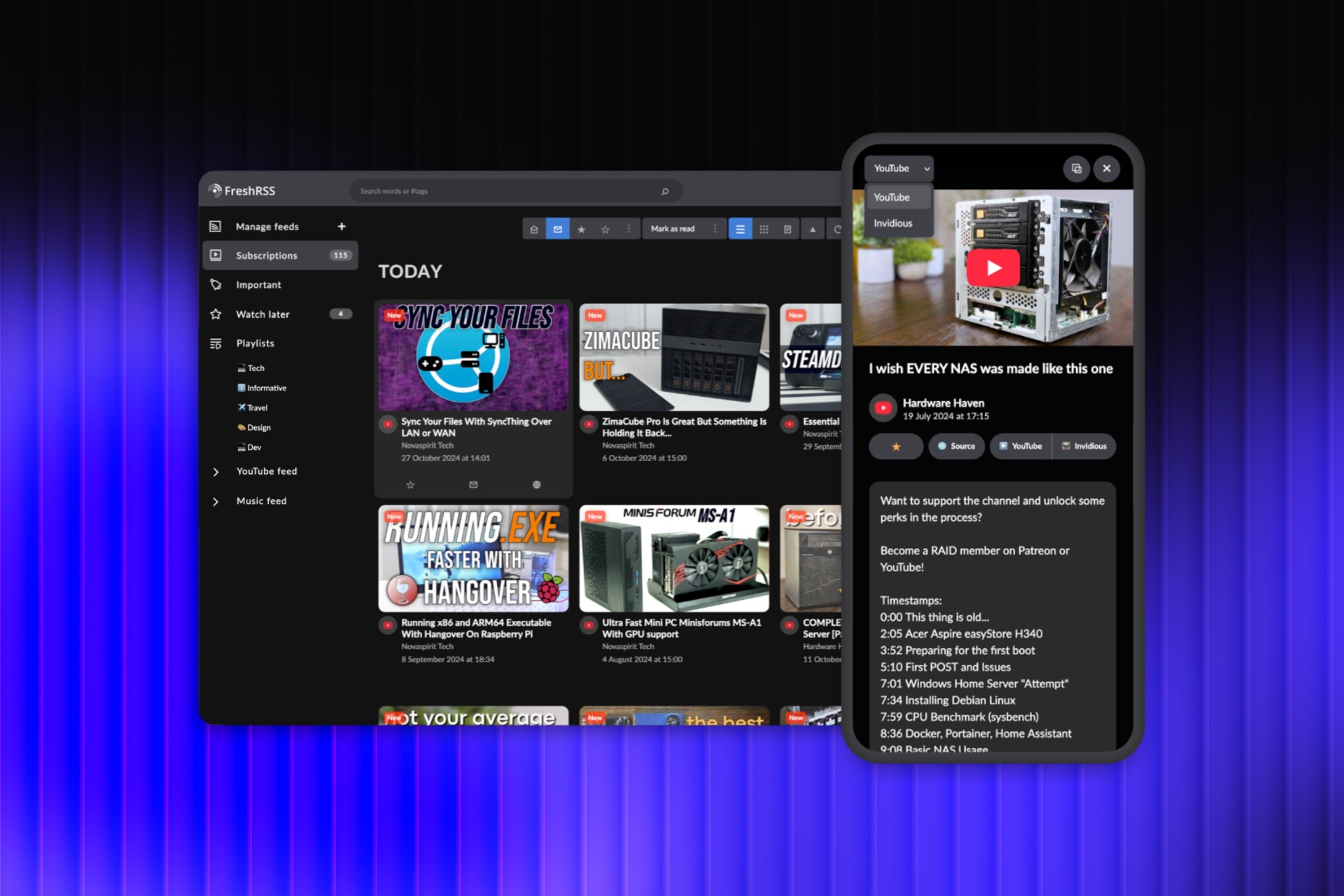 Watch videos in FreshRSS like it's YouTube: "Youlag" extension (v4.0.3)