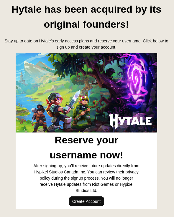 Hytale is sending out emails which allow people to register and reserve usernames
