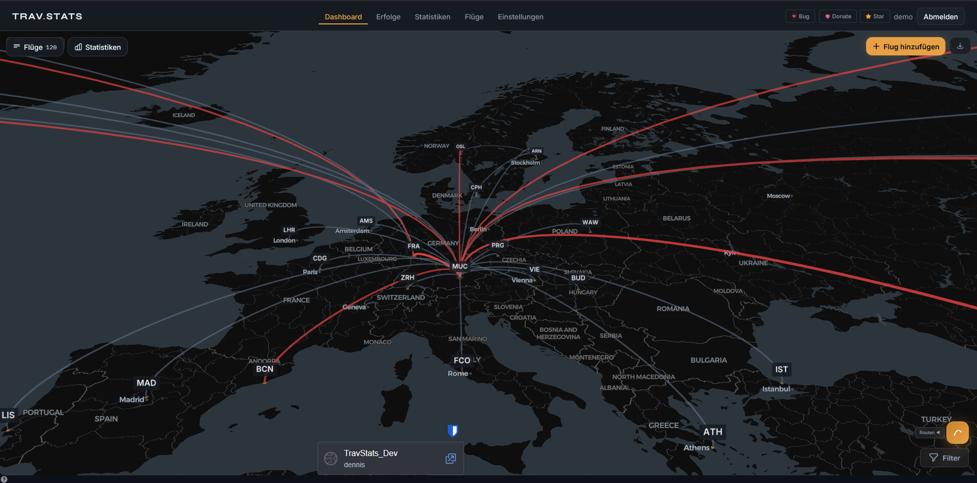 TravStats – self-hosted flight tracker with 3D globe, heatmap & email parser