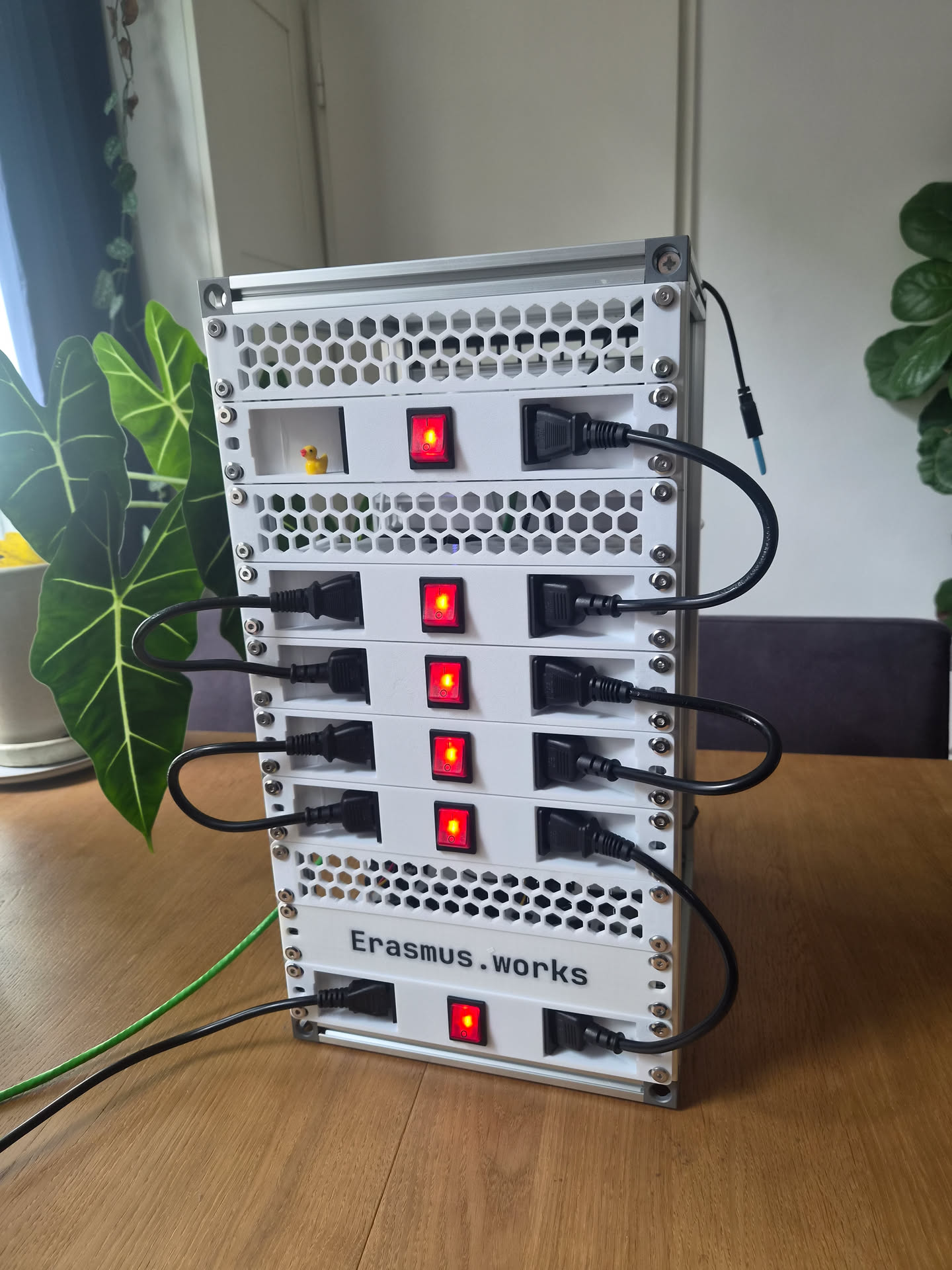 This is the back of my 10" Mini server rack -- Custom made 3D printed power modules for each server
