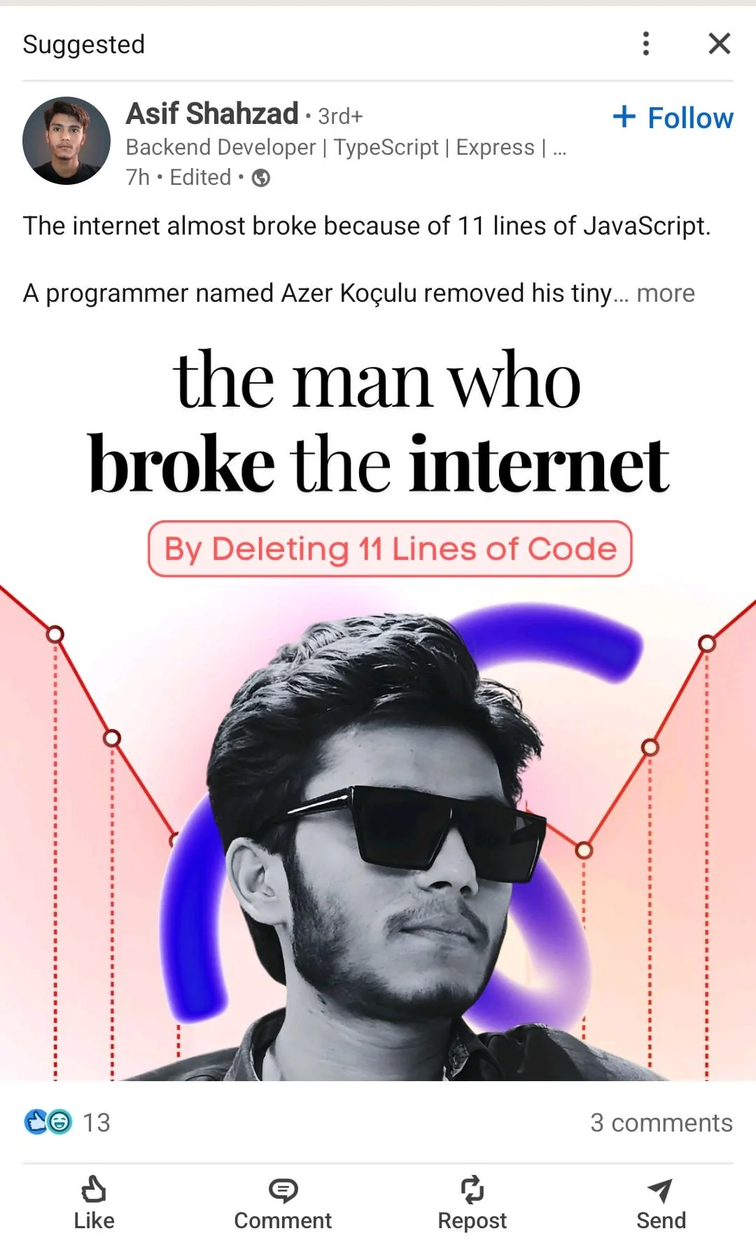Writes a story about a famous programmer -> Adds photo of himself in shades