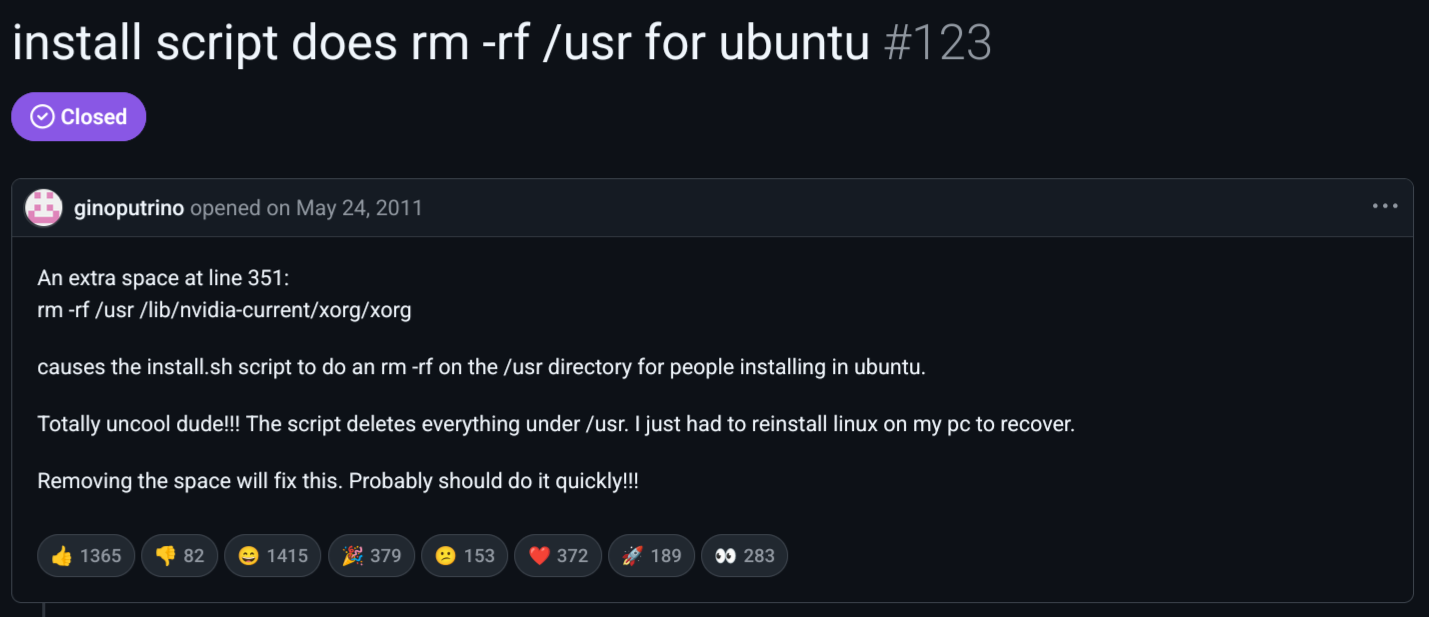 rm -rf /usr due to typo