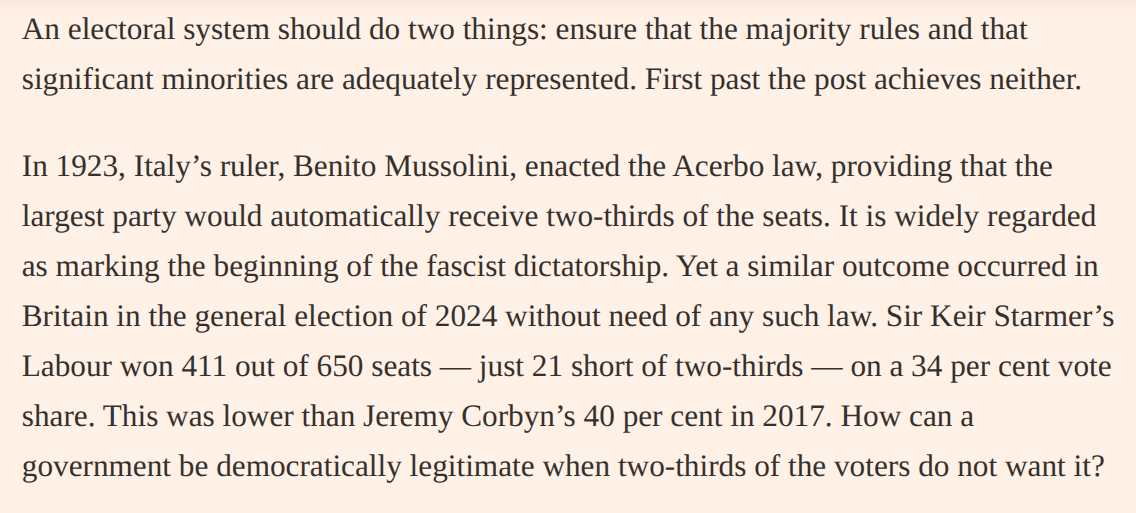 TIL that Benito Mussolini, enacted the Acerbo law, providing that the largest political party would automatically receive two-thirds of the seats