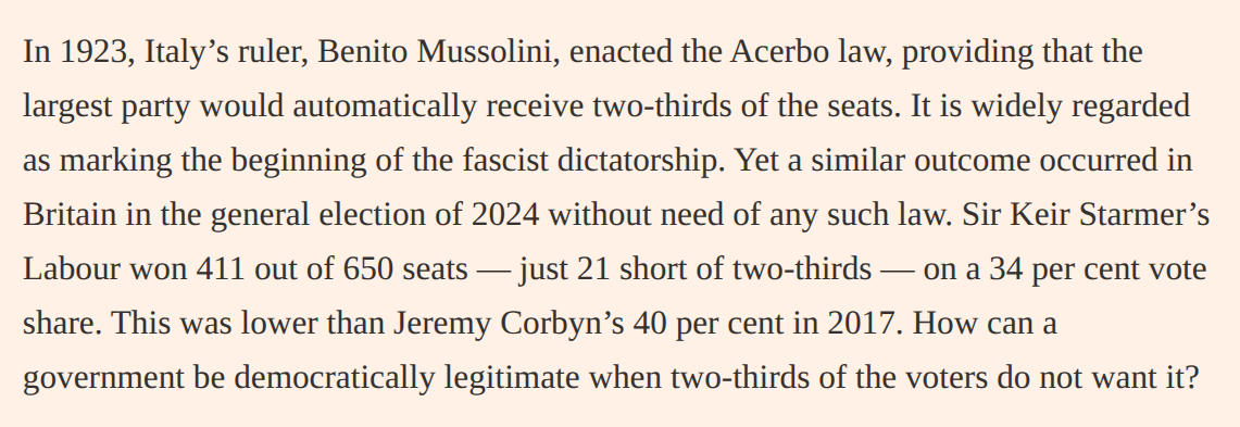 TIL that Benito Mussolini, enacted the Acerbo law, providing that the largest political party would automatically receive two-thirds of the seats