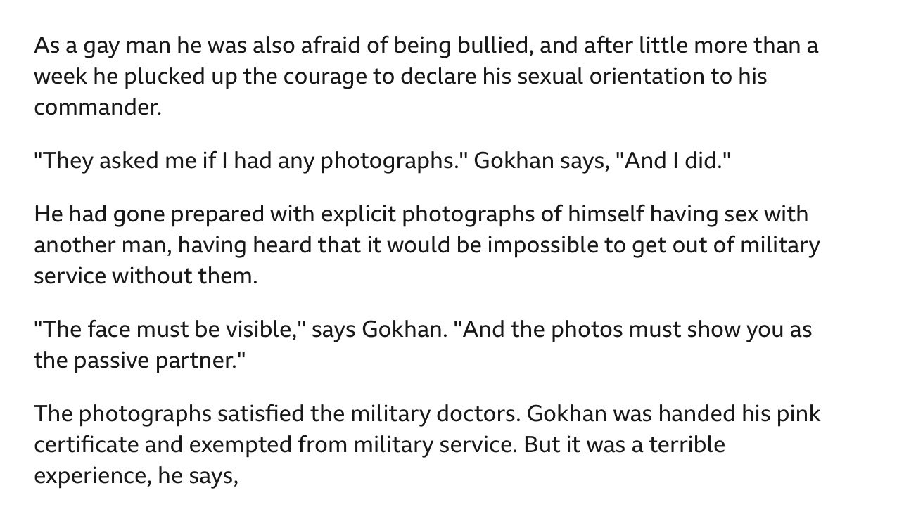 TIL that Turkey asks gay people to provide explicit photos of them to be exempt from military service